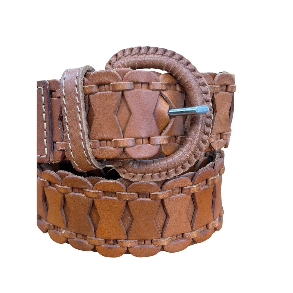 Fossil Leather Belt Womens SZ M Brown Western Boho Woven Covered Buckle Cottage